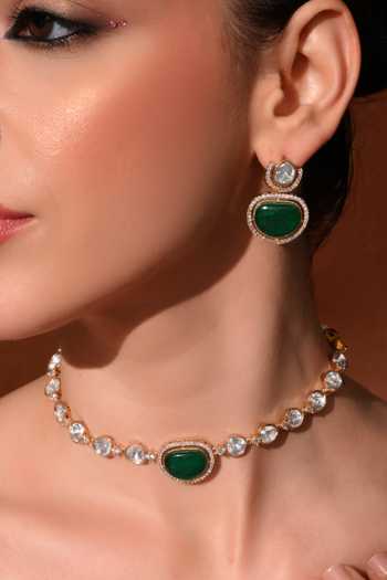 Buy_ChhavI'S Jewels_Green Stones Polki Embellished Choker Set _at_Aza_Fashions