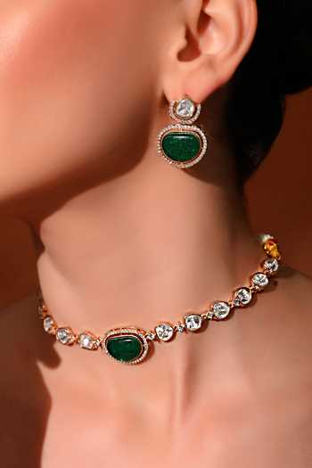 Shop_ChhavI'S Jewels_Green Stones Polki Embellished Choker Set 