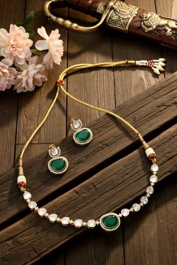 Shop_ChhavI'S Jewels_Green Stones Polki Embellished Choker Set _at_Aza_Fashions