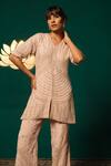 Buy_Niloufer By Aasif Ally_Peach Chinon Sequins, Stones V-neck Embroidered Kurta And Pant Set _Online_at_Aza_Fashions
