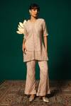 Niloufer By Aasif Ally_Peach Chinon Sequins, Stones V-neck Embroidered Kurta And Pant Set _at_Aza_Fashions