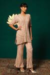 Shop_Niloufer By Aasif Ally_Peach Chinon Sequins, Stones V-neck Embroidered Kurta And Pant Set 