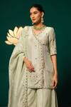 Buy_Niloufer By Aasif Ally_Green Tissue Mirrors, Zari, Beads V-neck Cutdana Zardozi Embroidered Kurta Set _Online_at_Aza_Fashions