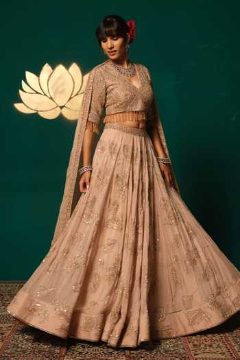 Niloufer By Aasif Ally_Peach Tissue Sequins, Tassels, Cut Work V-neck Cutdana Sequence Lehenga Set _Online_at_Aza_Fashions