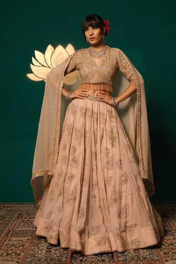 Buy_Niloufer By Aasif Ally_Peach Tissue Sequins, Tassels, Cut Work V-neck Cutdana Sequence Lehenga Set _at_Aza_Fashions