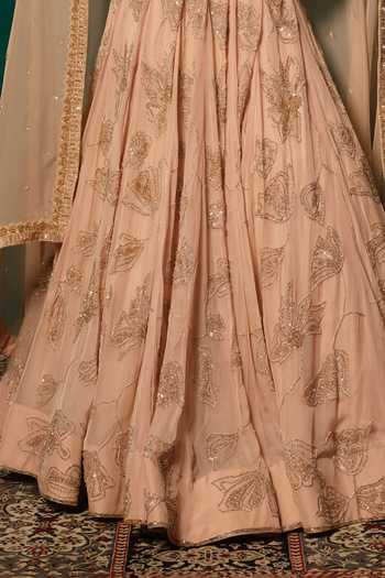 Niloufer By Aasif Ally_Peach Tissue Sequins, Tassels, Cut Work V-neck Cutdana Sequence Lehenga Set _at_Aza_Fashions