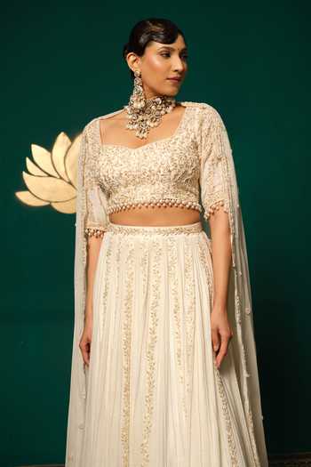 Niloufer By Aasif Ally_Gold Chinon, Tissue Pearls, Zari, Tassels Moti And Zardozi And Lehenga Set _Online_at_Aza_Fashions