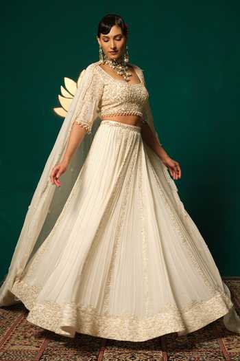 Shop_Niloufer By Aasif Ally_Gold Chinon, Tissue Pearls, Zari, Tassels Moti And Zardozi And Lehenga Set _Online_at_Aza_Fashions