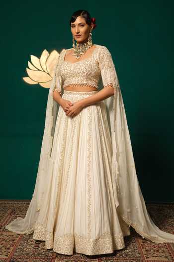 Niloufer By Aasif Ally_Gold Chinon, Tissue Pearls, Zari, Tassels Moti And Zardozi And Lehenga Set _at_Aza_Fashions