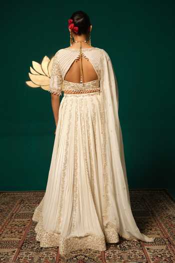 Shop_Niloufer By Aasif Ally_Gold Chinon, Tissue Pearls, Zari, Tassels Moti And Zardozi And Lehenga Set _at_Aza_Fashions