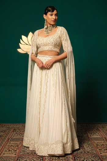 Buy_Niloufer By Aasif Ally_Gold Chinon, Tissue Pearls, Zari, Tassels Moti And Zardozi And Lehenga Set 