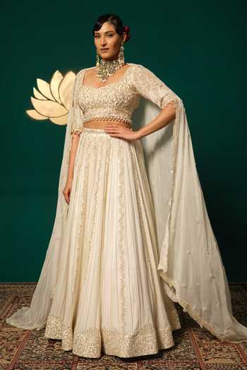 Shop_Niloufer By Aasif Ally_Gold Chinon, Tissue Pearls, Zari, Tassels Moti And Zardozi And Lehenga Set 