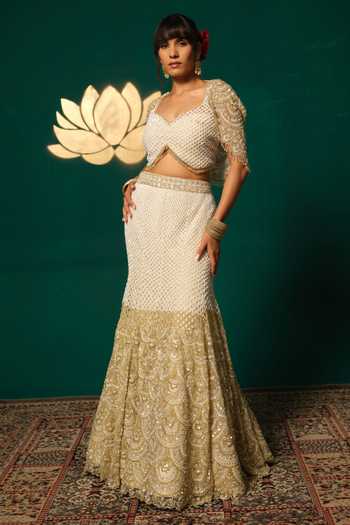 Niloufer By Aasif Ally_White Net Sequins, Beads, Zari, Cut Work Cutdana Embroidered Lehenga And Cape Set _at_Aza_Fashions