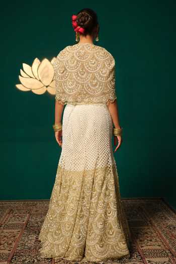 Shop_Niloufer By Aasif Ally_White Net Sequins, Beads, Zari, Cut Work Cutdana Embroidered Lehenga And Cape Set _at_Aza_Fashions