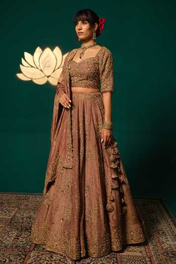 Niloufer By Aasif Ally_Gold Tissue Embroidery, Zardozi Embellished Shimmer Lehenga Set With Blouse _Online_at_Aza_Fashions