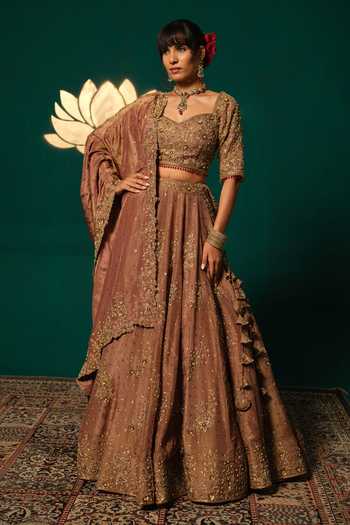 Buy_Niloufer By Aasif Ally_Gold Tissue Embroidery, Zardozi Embellished Shimmer Lehenga Set With Blouse _Online_at_Aza_Fashions