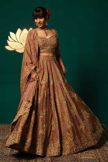 Shop_Niloufer By Aasif Ally_Gold Tissue Embroidery, Zardozi Embellished Shimmer Lehenga Set With Blouse _Online_at_Aza_Fashions