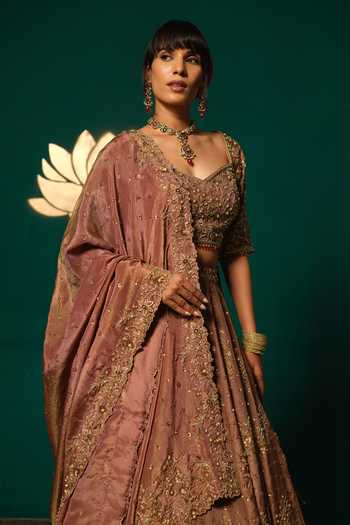 Niloufer By Aasif Ally_Gold Tissue Embroidery, Zardozi Embellished Shimmer Lehenga Set With Blouse _at_Aza_Fashions