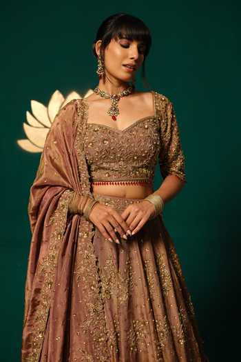 Buy_Niloufer By Aasif Ally_Gold Tissue Embroidery, Zardozi Embellished Shimmer Lehenga Set With Blouse 