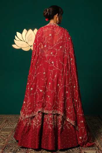 Shop_Niloufer By Aasif Ally_Red Silk, Tissue Embroidery, Sequins V-neck Zardozi And And Dupptta Lehenga Set _at_Aza_Fashions