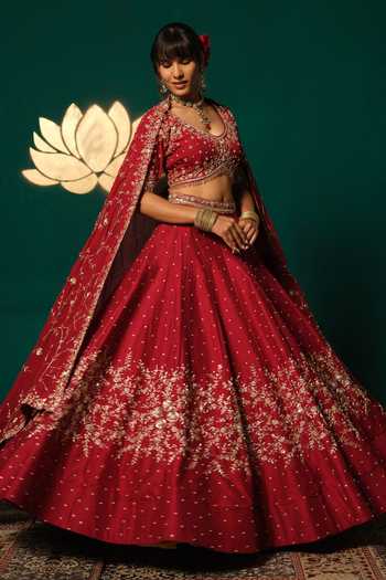 Buy_Niloufer By Aasif Ally_Red Silk, Tissue Embroidery, Sequins V-neck Zardozi And And Dupptta Lehenga Set _Online_at_Aza_Fashions