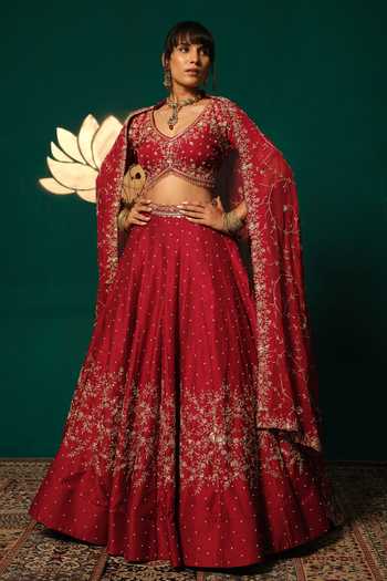 Buy_Niloufer By Aasif Ally_Red Silk, Tissue Embroidery, Sequins V-neck Zardozi And And Dupptta Lehenga Set _at_Aza_Fashions