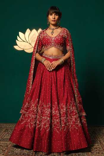 Shop_Niloufer By Aasif Ally_Red Silk, Tissue Embroidery, Sequins V-neck Zardozi And And Dupptta Lehenga Set _Online_at_Aza_Fashions
