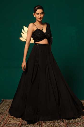 Buy_Niloufer By Aasif Ally_Black Chinon Sequins, Beads One Shoulder Cutdana Work Lehenga And Top Set _Online_at_Aza_Fashions