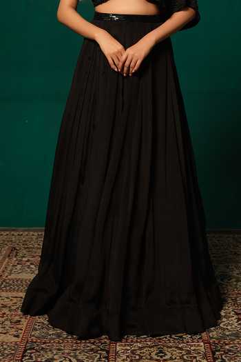 Niloufer By Aasif Ally_Black Chinon Sequins, Beads One Shoulder Cutdana Work Lehenga And Top Set _at_Aza_Fashions