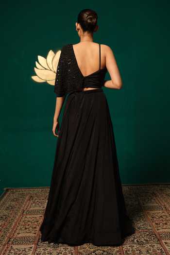 Shop_Niloufer By Aasif Ally_Black Chinon Sequins, Beads One Shoulder Cutdana Work Lehenga And Top Set _at_Aza_Fashions