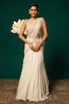 Buy_Niloufer By Aasif Ally_Ivory Tissue, Chinon Pearls, Cut Moti Embroidered Blouse With Lehenga Saree _at_Aza_Fashions