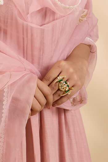 Kaari_Green Stones, Gemstones, Faux Diamonds Rashi Polki Gold Foil 92.5 Silver Ring _Online_at_Aza_Fashions