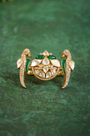 Shop_Kaari_Green Stones, Gemstones, Faux Diamonds Rashi Polki Gold Foil 92.5 Silver Ring _at_Aza_Fashions