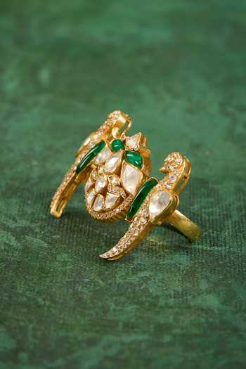 Buy_Kaari_Green Stones, Gemstones, Faux Diamonds Rashi Polki Gold Foil 92.5 Silver Ring _Online_at_Aza_Fashions