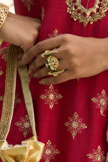Shop_Kaari_Green Stones, Gemstones, Faux Diamonds Rashi Polki Gold Foil 92.5 Silver Ring _Online_at_Aza_Fashions