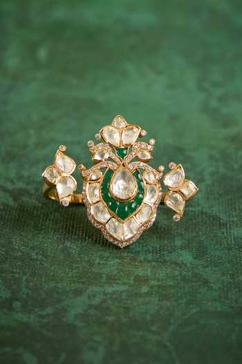 Shop_Kaari_Green Stones, Crystals Namita Polki Ring _at_Aza_Fashions