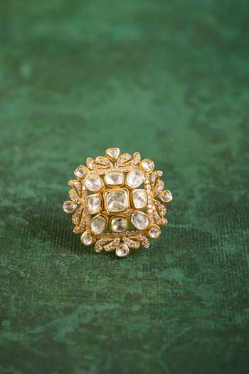 Shop_Kaari_White Sujata Ring Vellore Cz Diamonds 18kt Gold Plated 92.5 Silver _at_Aza_Fashions