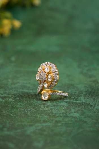 Shop_Kaari_White Stones, Crystals, Vanshika Polki Cz 18kt Gold Plated 92.5 Silver Ring _at_Aza_Fashions