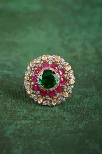Shop_Kaari_White Stones, Crystals, Roshni Polki Ring _at_Aza_Fashions