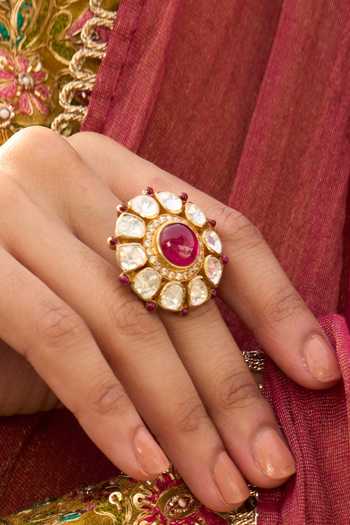 Shop_Kaari_White Stones, Crystals, Devika Polki Ring _Online_at_Aza_Fashions