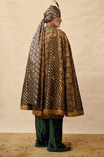 Shop_Itrh_Green Brocade, Chanderi Embroidery, Zari, Gota Patti Vajra Sherwani Set _at_Aza_Fashions