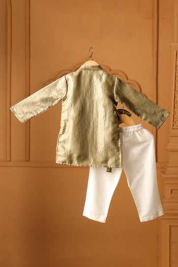 Shop_Casa Ninos_Olive Green Tissue Aura Side Knot Kurta Set _at_Aza_Fashions