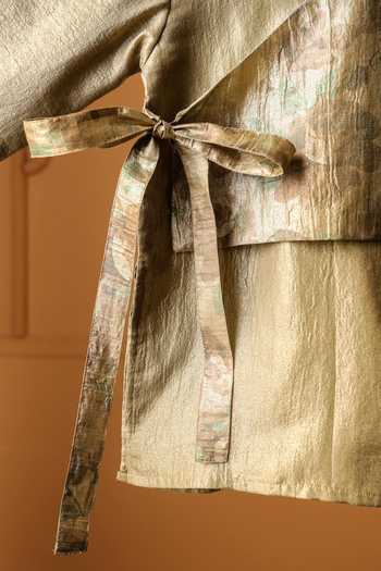Casa Ninos_Olive Green Tissue Aura Side Knot Kurta Set _Online_at_Aza_Fashions