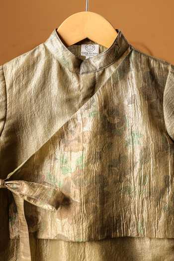 Casa Ninos_Olive Green Tissue Aura Side Knot Kurta Set _at_Aza_Fashions