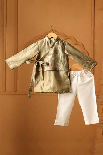 Buy_Casa Ninos_Olive Green Tissue Aura Side Knot Kurta Set _at_Aza_Fashions