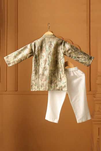 Shop_Casa Ninos_Gold Tissue Olive Grove Floral Pattern Kurta Pant Set _at_Aza_Fashions