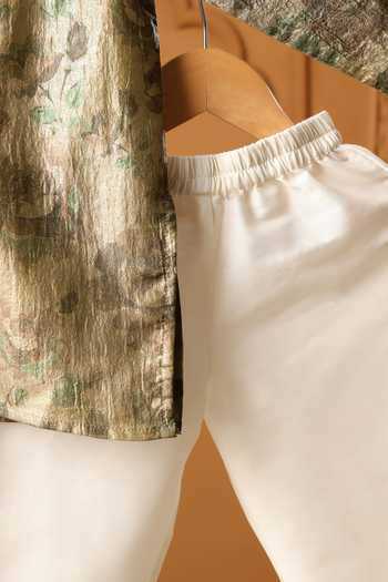 Buy_Casa Ninos_Gold Tissue Olive Grove Floral Pattern Kurta Pant Set _Online_at_Aza_Fashions
