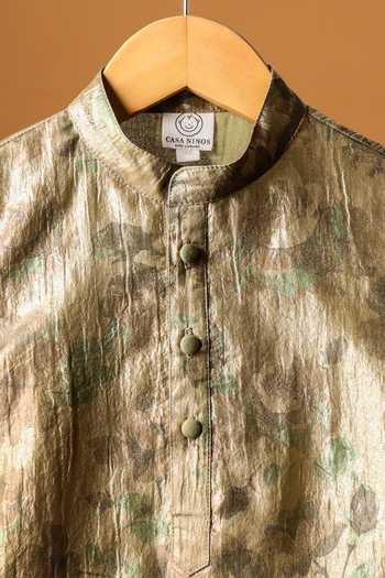 Shop_Casa Ninos_Gold Tissue Olive Grove Floral Pattern Kurta Pant Set _Online_at_Aza_Fashions