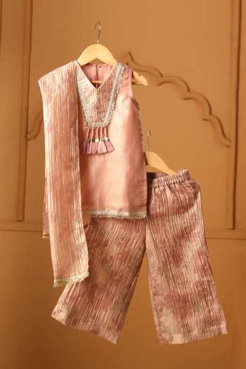 Buy_Casa Ninos_Peach Tissue Mirrors, Tassels, Fringe Noor Blush Kurta Palazzo Set _at_Aza_Fashions