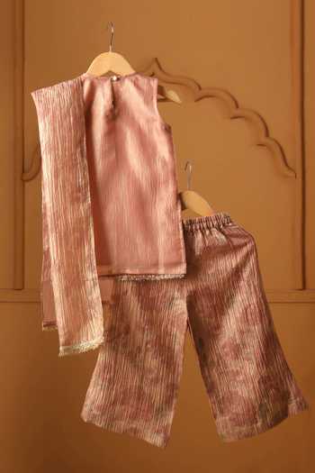 Shop_Casa Ninos_Peach Tissue Mirrors, Tassels, Fringe Noor Blush Kurta Palazzo Set _at_Aza_Fashions